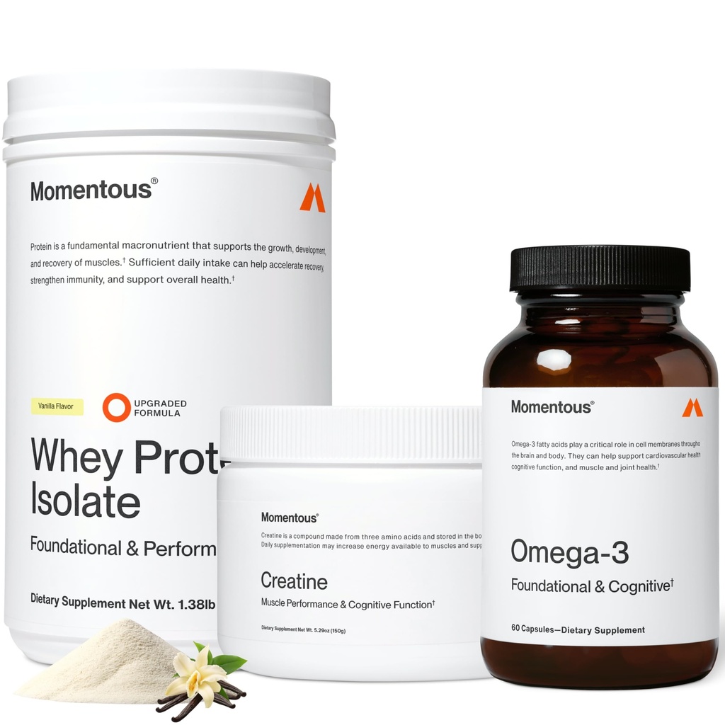 Στιγμιαία Τρεις - Creatine Monohydrate σκόνη (30 υπηρεσίες), Grass-Fed Whey Protein Powder (Vanilla) & Omega-3 Fish Oil 1600mg - Καθημερινή Απαραίτητα για τη δύναμη, την απόδοση και την ανάνηψη μυών