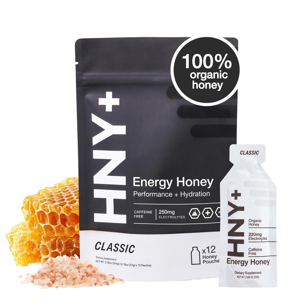 HNY+ Organic Honey Energy Gel with Electrolytes, Magnesium, Sea Salt & Potassium, Workout Gels, for Gym, Running, Cycling & Hiking, Sports Nutrition, Gluten Free & Vegan, Caffeine Free, 12 Pack
