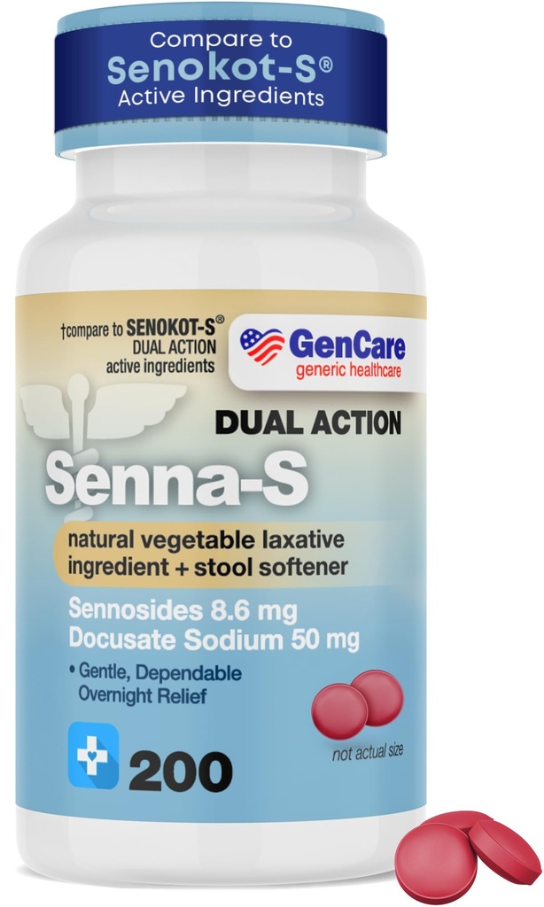 GenCare - Senna-S Natural Vegetable Laxative Plus Stool Softener Dual Action (200 Tablets) Value Pack | Gentle Dependable Overnight Relief of Occasional Constipation Generic for Senokot-S