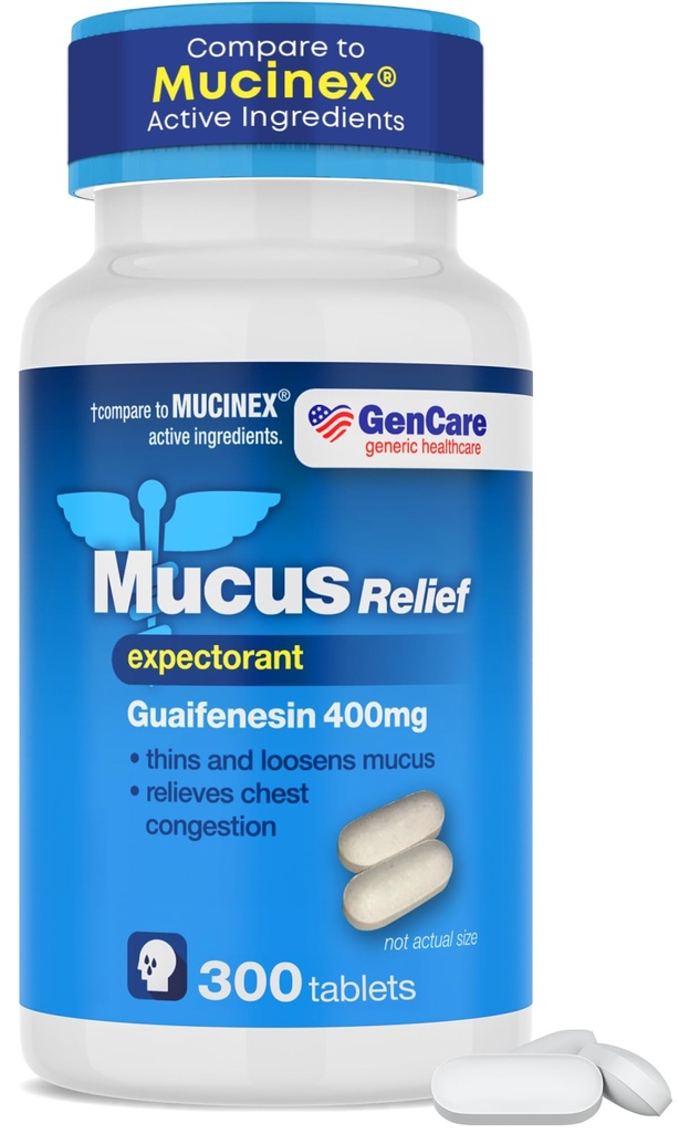 GenCare Mucus Relief Expectorant Guaifenesin 400 mg 300 Tablets Value Pack - Fast Acting Thinning of Mucus for Colds, Chest Congestion, Flu, Coughing and Allergies