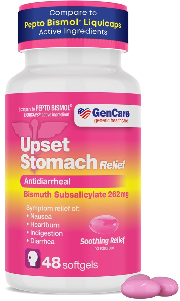 GenCare Bismuth Subsalicylate 262mg Upset Stomach Relief, 48 Ct | Compares to Pepto-Bismol; relieves nausea, heartburn, indigestion & upset stomach, pepto bismol tablets