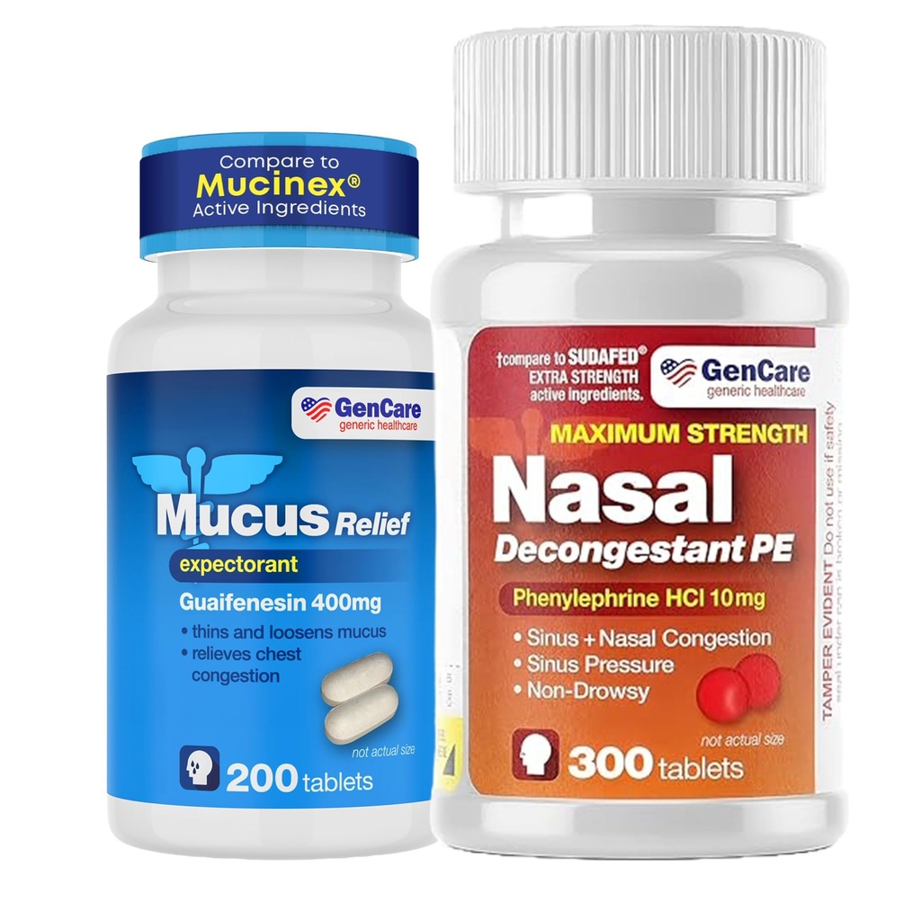 GenCare Cold Mucus & Sinus Relief Bundle – Nasal Dicongestion Phenylephrine 10mg & Mucus Relief Expectorant Guaifenesin 400mg