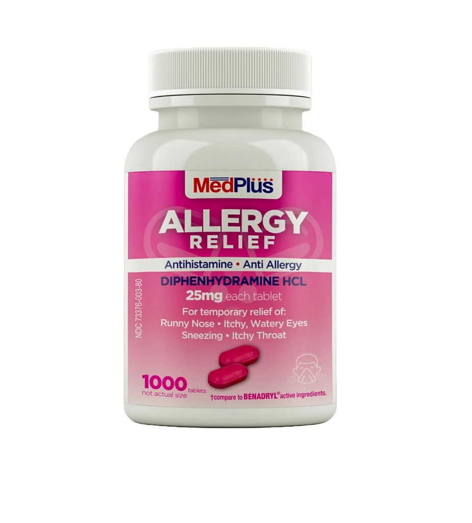 MedPlus Allergy Relief Medicine, Diphenhydramine HCl 25 mg, 1000 Tablets, Antihistamine, Relief for Indoor & Outdoor Allergies, Made in USA