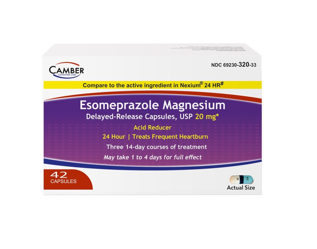 Camber Esomeprazole Magnesium USP 20mg, Delayed Release Capsules, Treats Frequent Heartburn (42 Count)