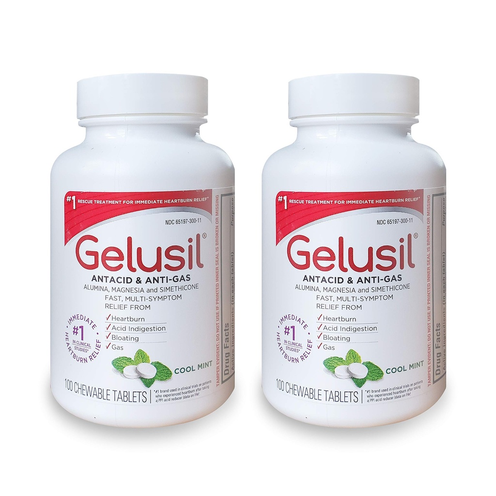 Gelusil Antacid & Anti Gas Tablets - Immediate Heartburn Relief, Acid Reflux & Bloating & Gas Relief - Alumina, Magnesia & Simethicone - Cool Mint - 200ct
