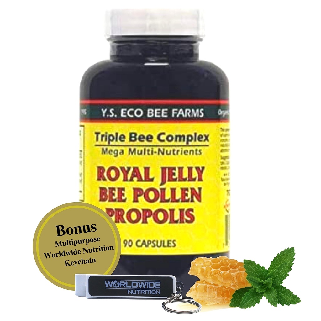 YS Organics Triple Bee Complex, Royal Jelly, Bee Pollen, Propolis - The Power of Nature Packed in 90 Capsules with Bonus worldwidetrition Multi Σκοπός Key Chain