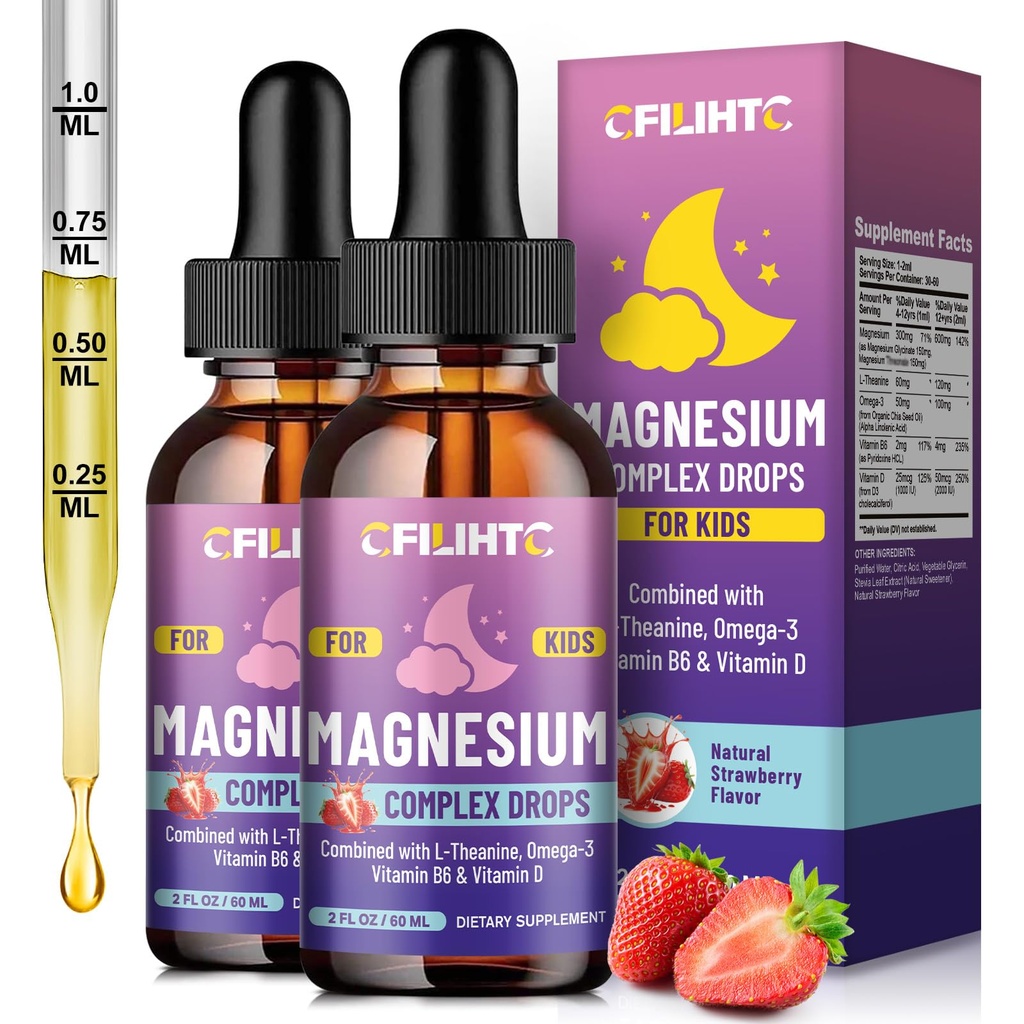 Kids Magnesium Liquid Drops-Magnesium Glycinate Liquid for Kids Supplement-w/L-theanine, Omega-3, Vitamin B6, D3 - for Sleep, Relaxation, Brain, Bones - 4 Fl Oz Children's Calm
