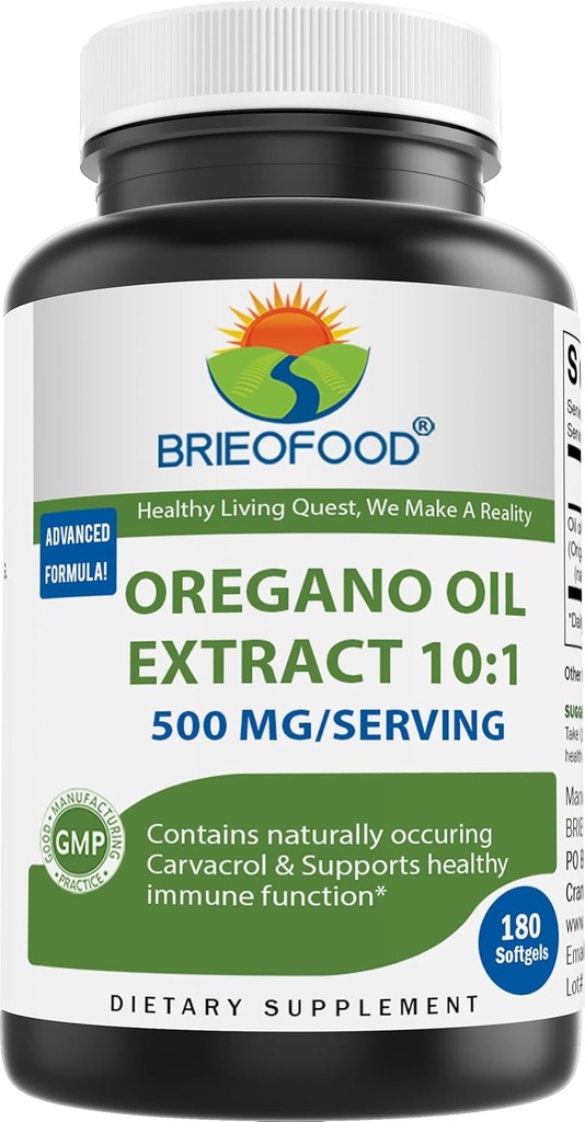 Brieofood Oregano Oil 10:1 Extract 500 mg ανά Σερβίρισμα - Περιέχει Φυσικά Κατάσχεση Carvacrol - Υγιής Ανοσολογική Λειτουργία - 180 Softgels