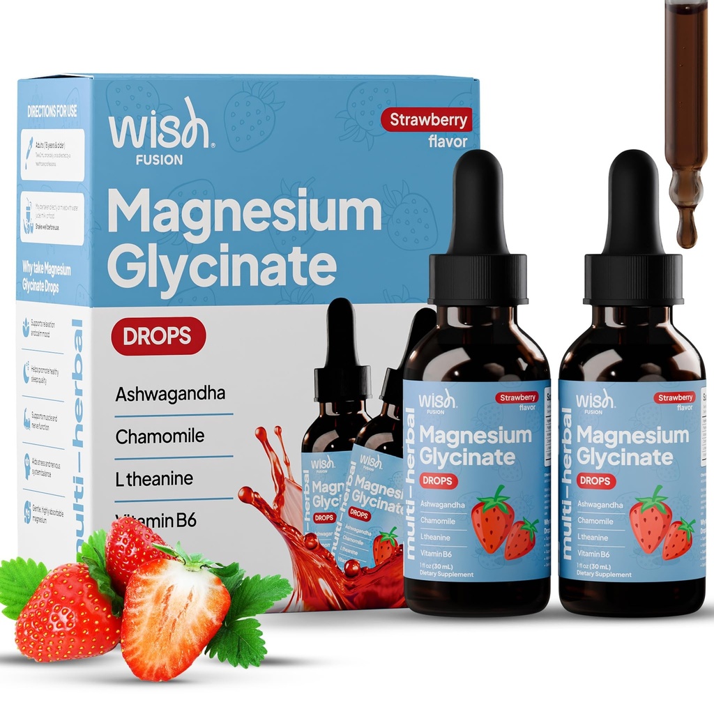 Liquid Magnesium Glycinate Drops, 2 Pack High Absorption Magnesium Supplements Drops for Women & Men Supports Sleep, Nerves & Muscles, Magnesium Liquid with Ashwagandha & L-Theanine