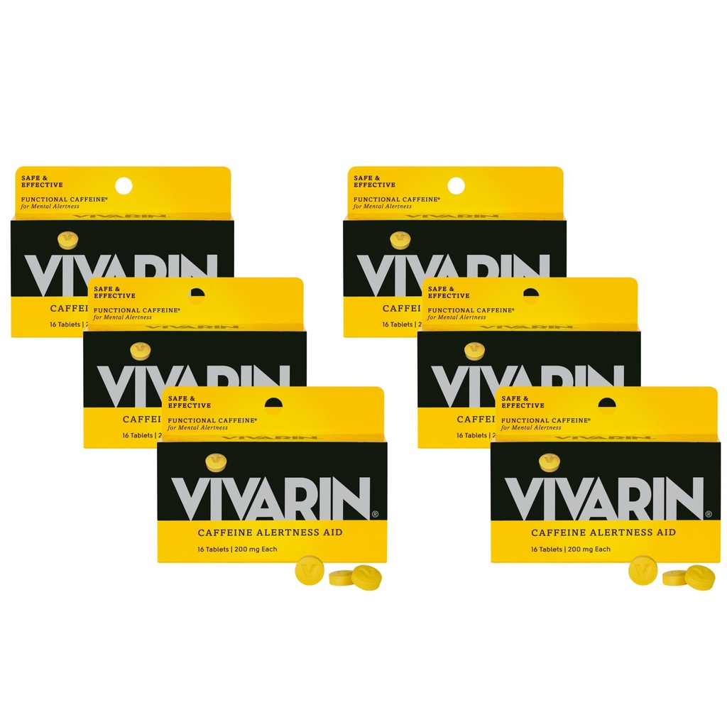 Vivarin, χάπια καφεΐνης, 200mg καφεΐνη ανά δόση, Ασφαλώς και αποτελεσματικά σας βοηθά να μείνετε Ξύπνα, χωρίς ζάχαρη, θερμίδες ή κρυμμένα συστατικά, ενεργειακό συμπλήρωμα, 16 δισκία (6 Συσκευασία)