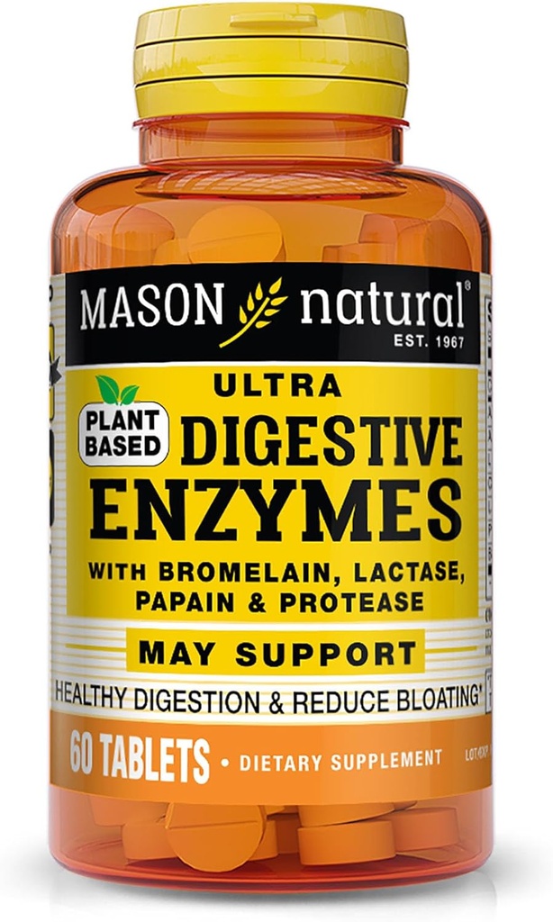 Mason Natural Plant-based Ultra Digestive Enzymes, με Bromelain, Lactase & Papain, Υποστηρίζει Digestion & Bloating Relief, 60 κάψουλες, Συσκευασία των 3