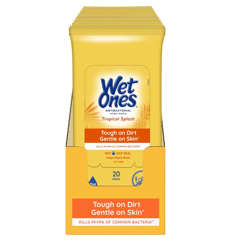 Wet Ones Antibacterial Hand Wipe, Travel Packs- Tropical Splash Scent, 20 Count (Pack of 10), 200 Wipes