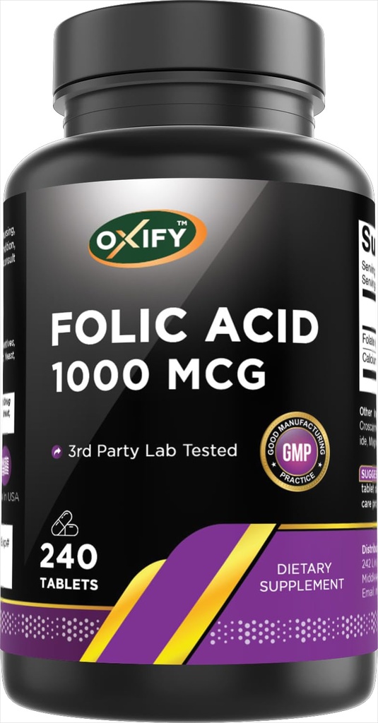 Oxify Folic Acid 1000 mcg | 240 Tablets | Gluten-Free, Non-GMO | Supplement Made in USA