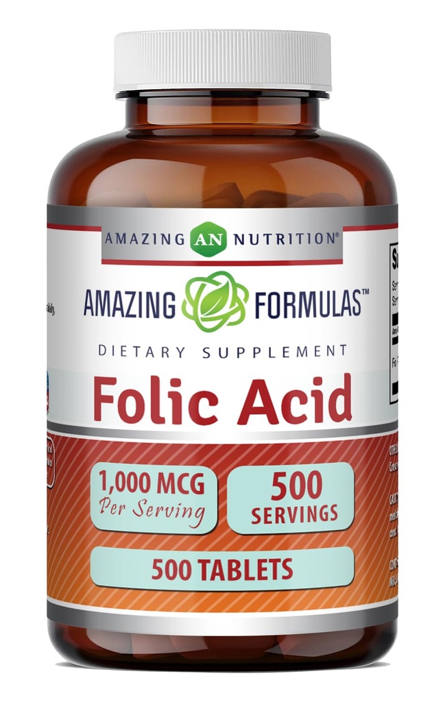 Amazing Formulas Folic Acid 1000 Mcg (1 Mg) Tablets Supplement | Vitamin B9 | Non-GMO | Gluten Free | Made in USA (500 Count)
