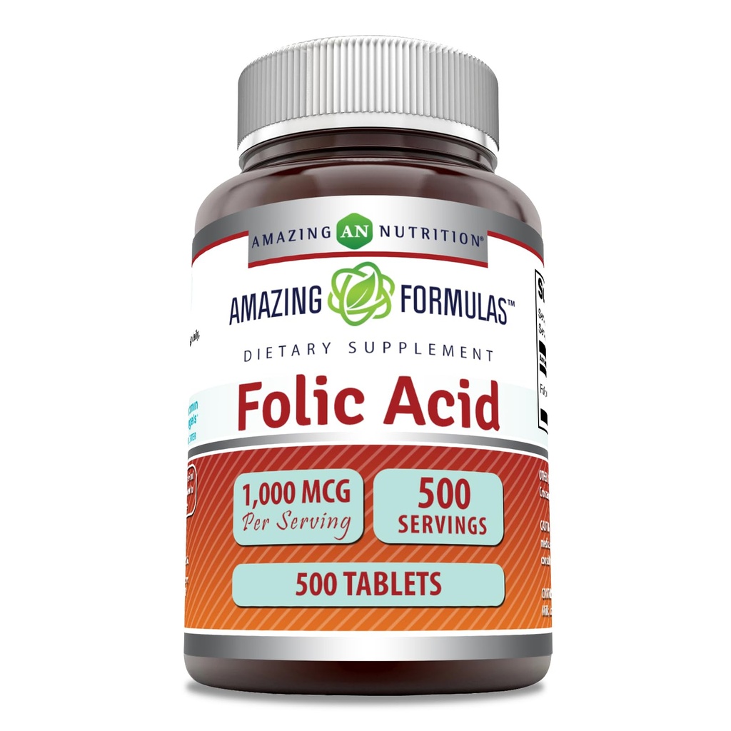 Amazing Formulas Folic Acid 1000 Mcg (1 Mg) Tablets Supplement | Vitamin B9 | Non-GMO | Gluten Free | Made in USA (500 Count)