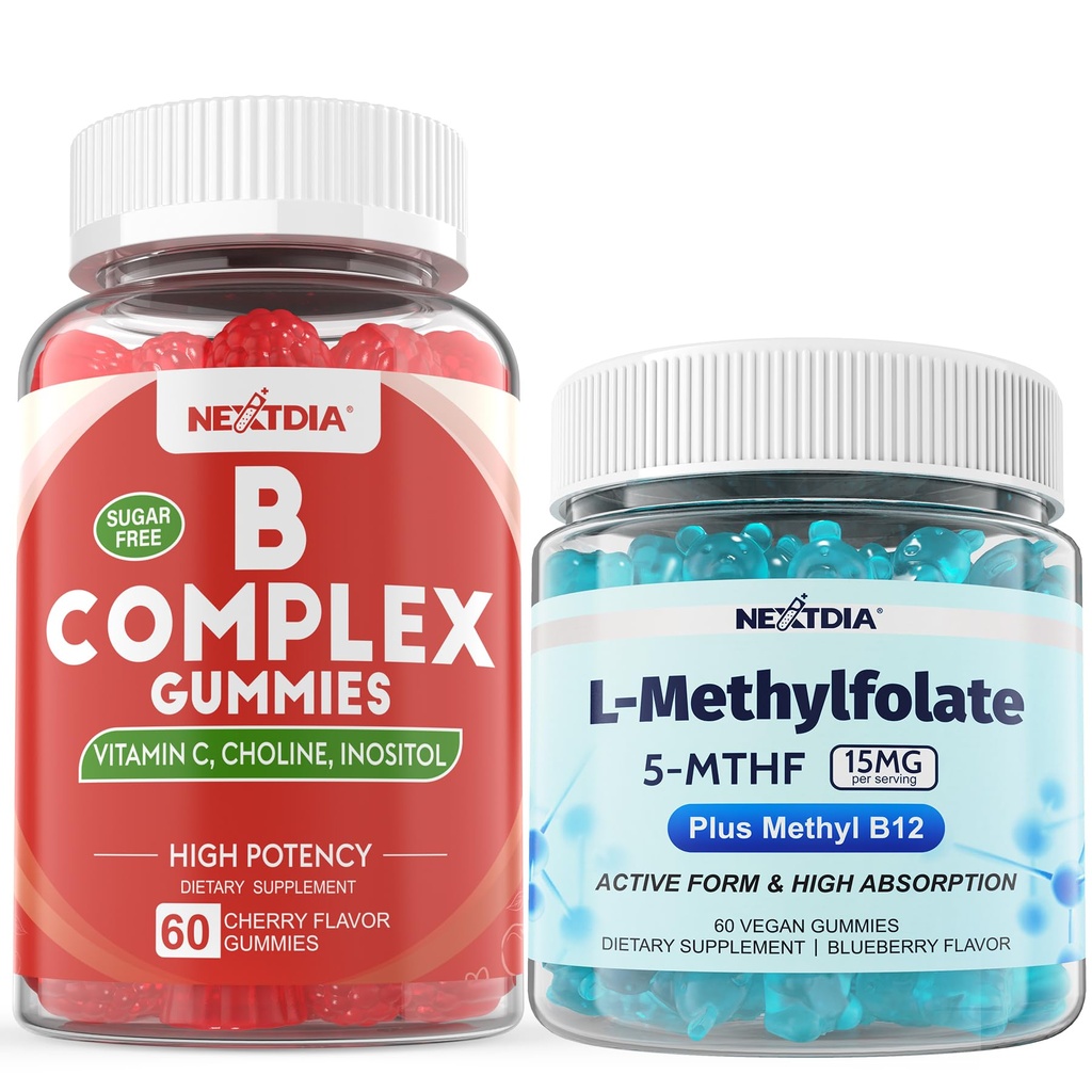 Nextdia L-MethylFolate 15mg & Methyl B12, Vitamin B Complex Gummies, 2 Pack