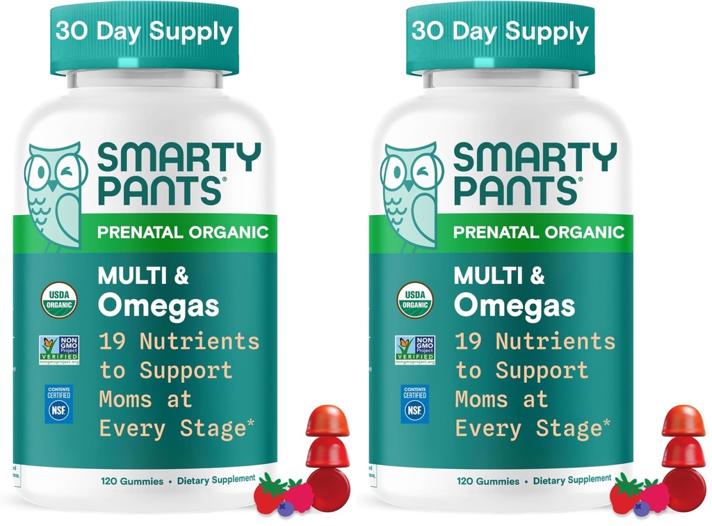 SmartyPants Organic Prenatal Vitamins for Women,Multivitamin Gummies: Biotin,Methylfolate,Omega 3 (ALA),Vitamin D3,C,Vitamin B12,B6,A,K2 & Zinc,Choline,Vegetarian,(30 Day Supply),120 Count(Pack of 2)