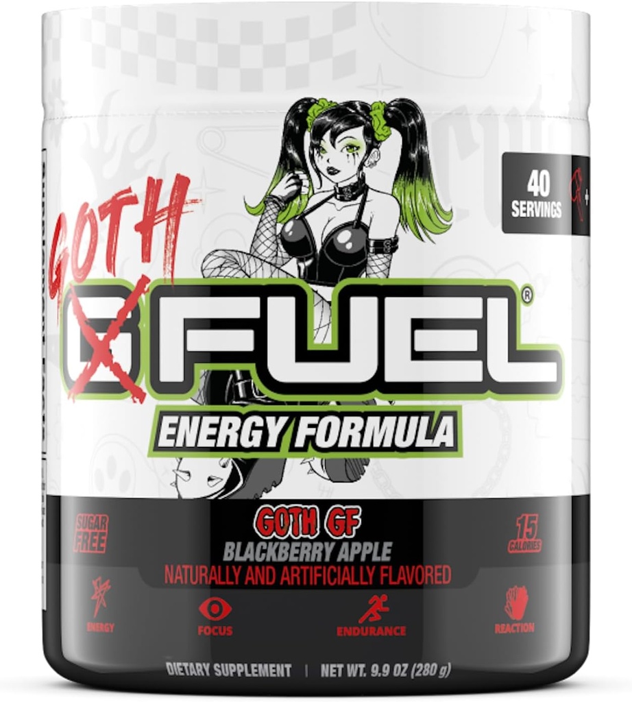 G Fuel Goth GF Energy Drink Powder, Pre Workout Caffeine Powder, Energy Powder Drink Mix for Gaming, Sugar Free Focus Amino, Βιταμίνη + Αντιοξειδωτικά, 9.9oz (Blackberry Apple, 40 Servings)