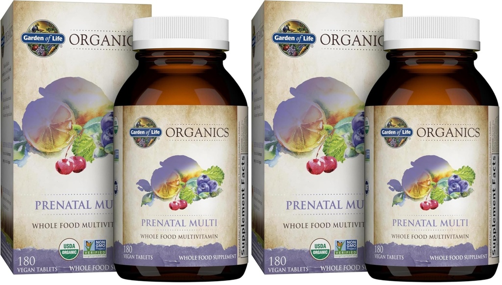 Garden of Life Organics Women’s Prenatal Multivitamin with Vitamin D3,B6,B12,C & Iron,Folate for Energy & Healthy Fetal Development – Organic,Non-GMO,Gluten-Free,Vegan,60 Day Supply,(Pack of 2)