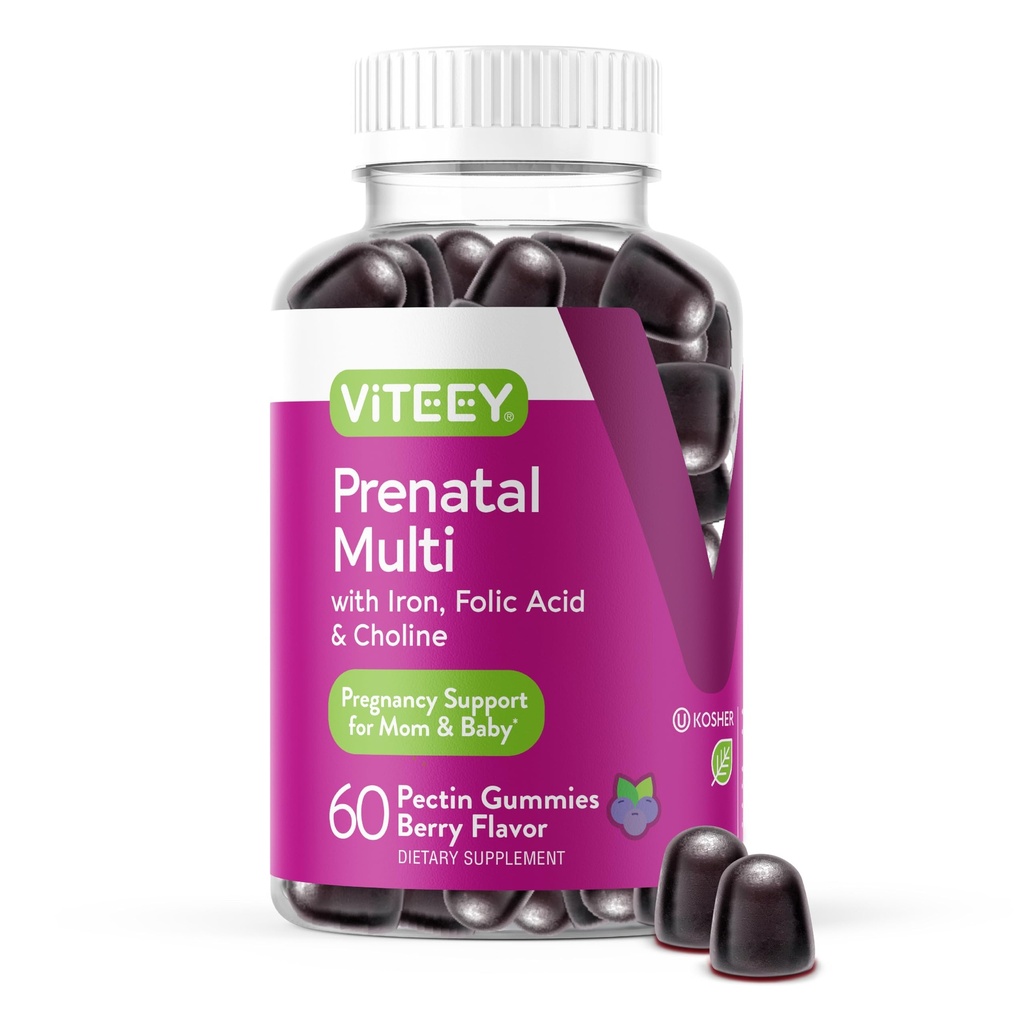 Viteey Prenatal Gummies for Women - Prenatal with Iron | for Pregnancy with Choline & Folic Acid Gummies - Vegetarian, Gluten Free - 60 Count
