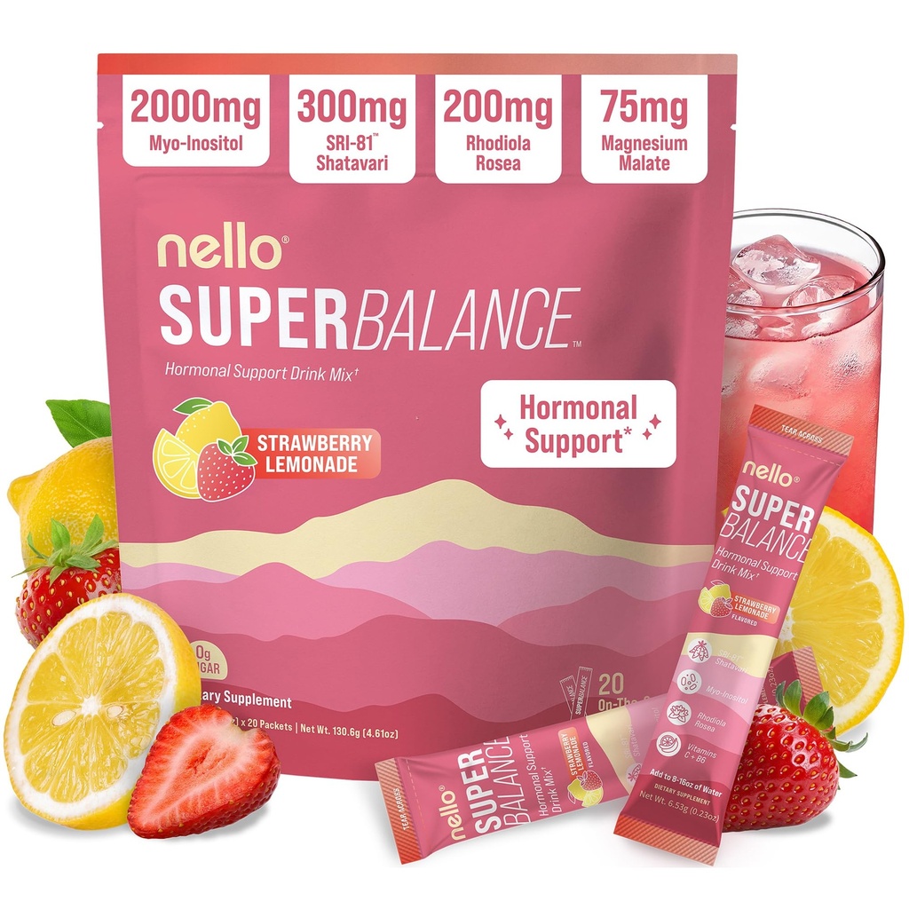 Nello Superbalance Hormonal Support Drink Mix, SRI-81 Shatavari, Myo-Inositol, Rhodiola Rosea, Vitamin C, Magnesium, Theobromine (20 Servings, Strawberry Lemonade)