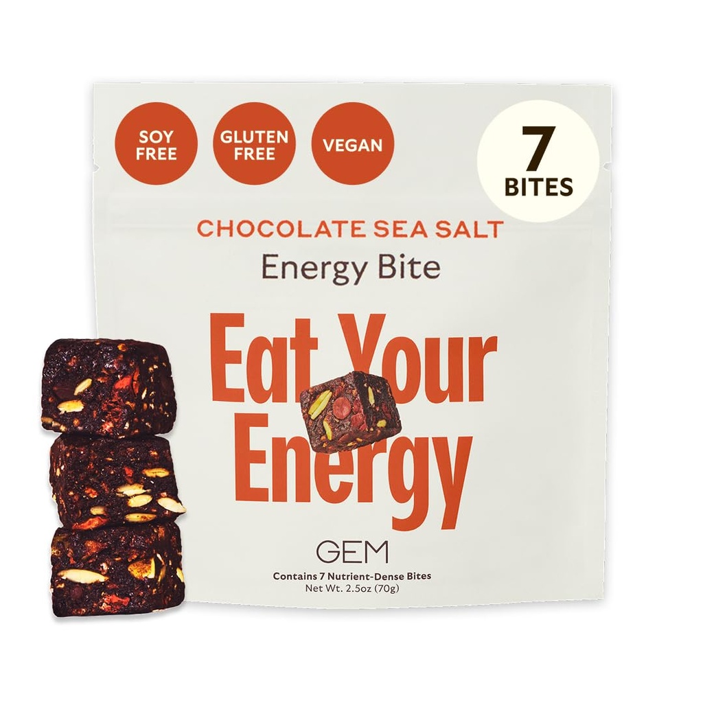 GEM Energy Caffeinated Bite | Holistic Sustained Energy | Supports Metabolism, Stamina & Endurance | 40mg Caffeine, Ginseng Root, L-Theanine | Chocolate Cacao Sea Salt | 7 Servings
