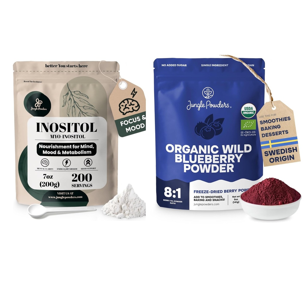 Jungle Powders Inositol Powder 7 Ounce Bag + Wild Blueberry Powder Organic 5 Ounce Bag