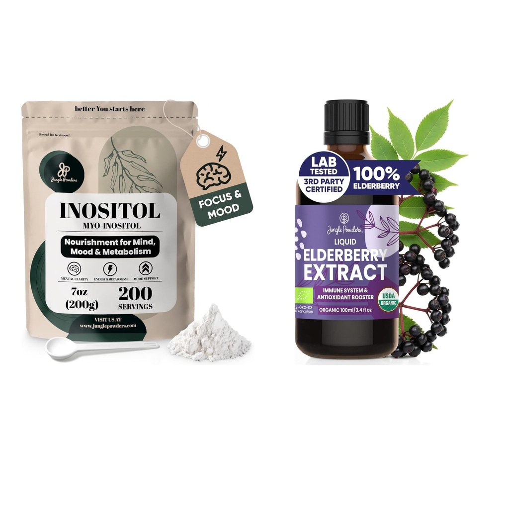 Jungle Powders Inositol Powder 7 Ounce Bag + Organic Elderberry Syrup USDA Certified 3.4 fl oz Bottle Liquid Sambucus Elderberry