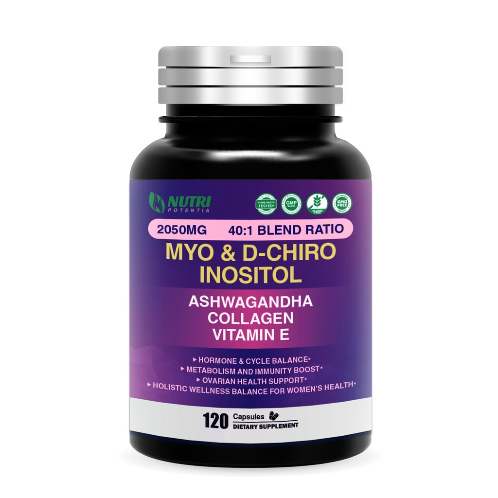 Myo Inositol & D-Chiro Inositol Supplement for Women,Ideal 40:1 Ratio with Vitamin E,Collagen & Ashwagandha,Women's Daily Wellness Support,120 Capsules,Non-GMO,Third-Party Tested(Made & Tested in USA)