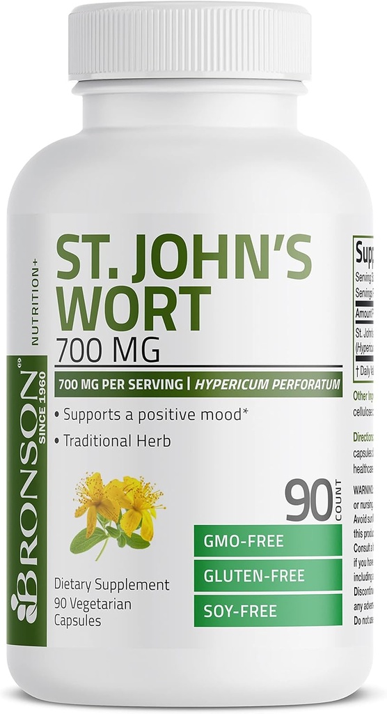 Bronson St. John's Wort 700 MG per Serving Hypericum Perforatum Υποστηρίζει μια θετική διάθεση - μη ΓΤΟ, 90 κάψουλες χορτοφάγων