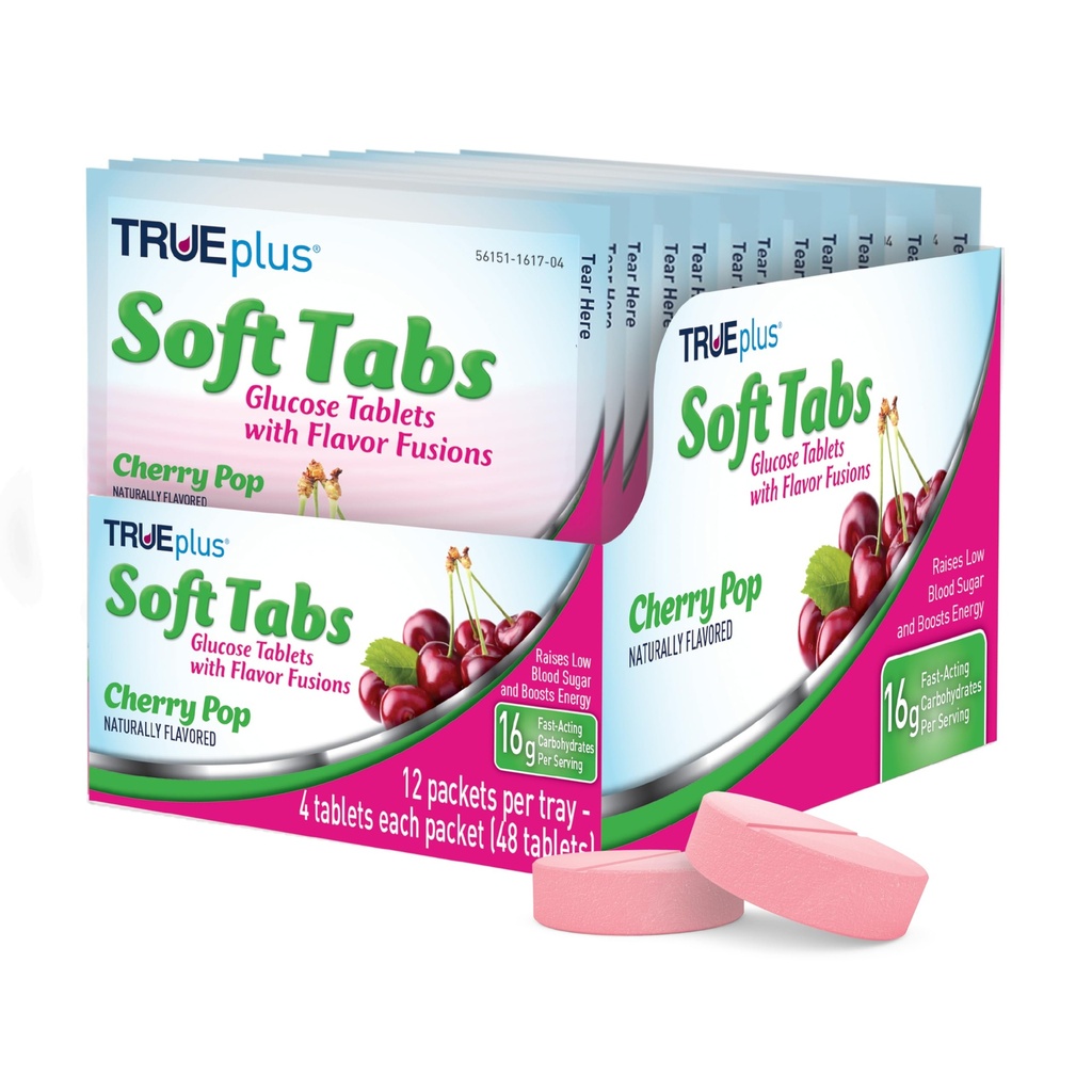TRUEplus® Soft Tabs Δισκία γλυκόζης – 12 συσκευασίες – 48 δισκία (Cherry Pop)