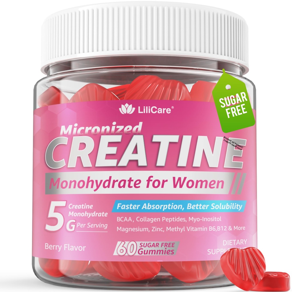 Creatine for Women Gummies, Micronized Creatine Monohydrate + Myo-Inositol, Collagen Peptides, BCAAs, Hyaluronic Acid, Vitamin B6 B12, Zinc for Enërgy, Föcus, Hörmonal Balance, Sugar Free, 60 Counts