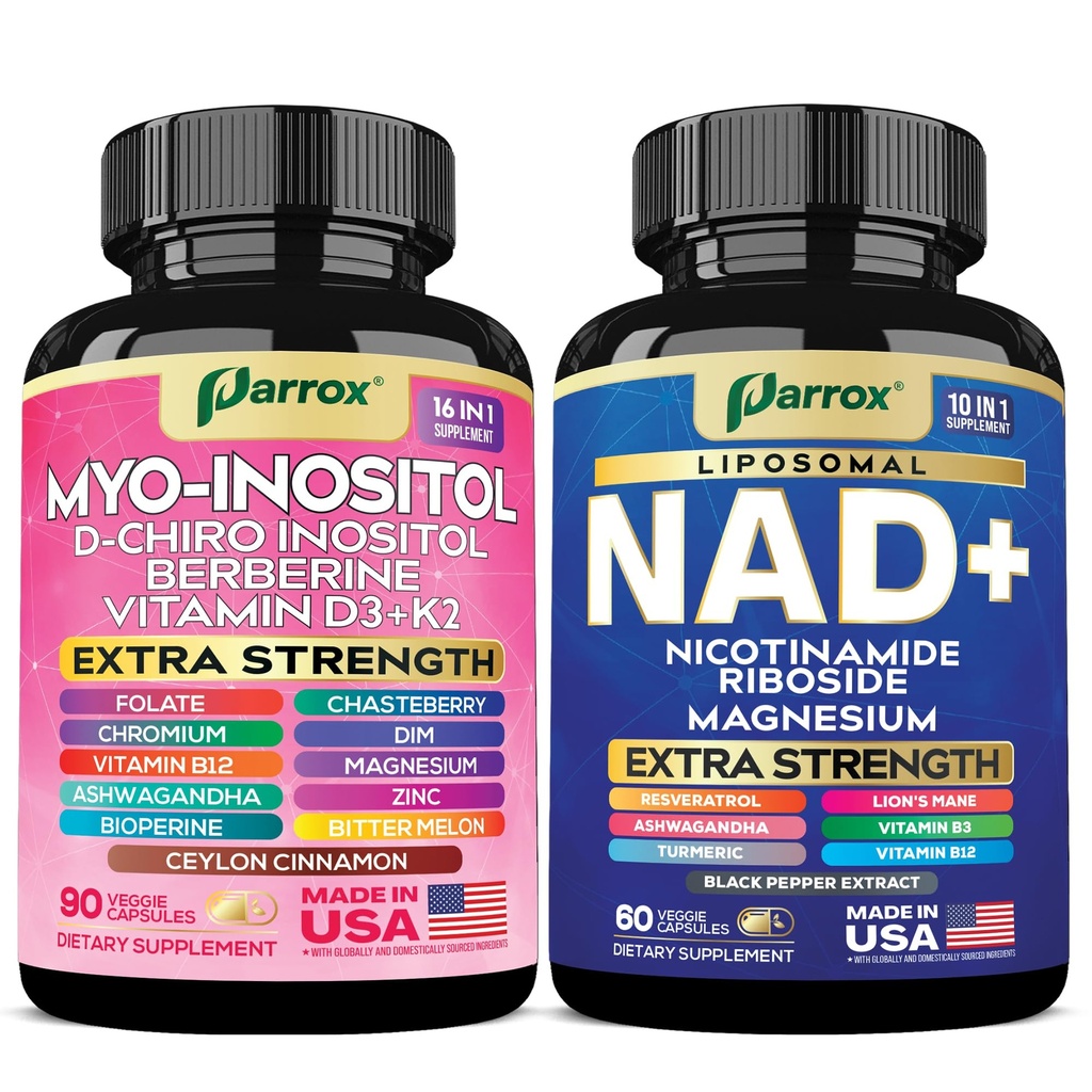 Myo-Inositol & NAD+ Bundle – Hormonal, Metabolic & Cellular Energy Support with D-Chiro Inositol, DIM, Ashwagandha, Liposomal NAD, Resveratrol, Turmeric & B Vitamins