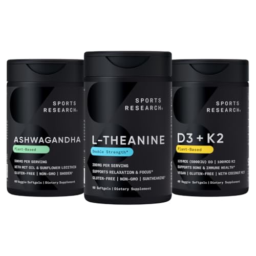 Sports Research® Vitamin D3 K2 with Coconut Oil, Ashwagandha Softgels with Coconut MCT Oil & Double Strength L-Theanine Supplement - Suntheanine Softgels