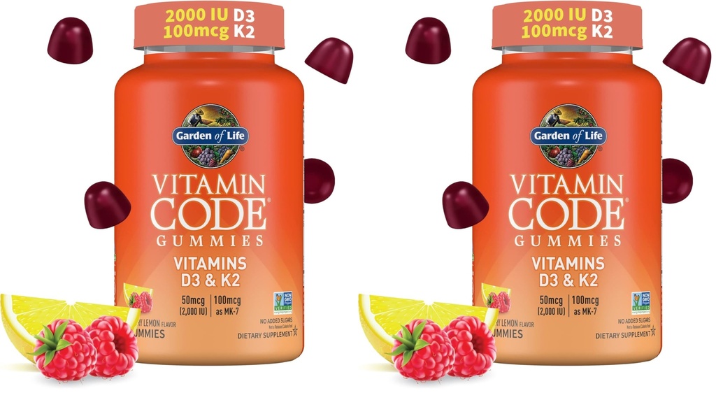 Garden of Life Vitamin Code D3 & K2 Gummies with Prebiotics and Probiotics - Bone Health, Immune Health, and Digestive Support, Non-GMO, Gluten-Free, Raspberry Lemon Flavor, 45 Gummies (Pack of 2)