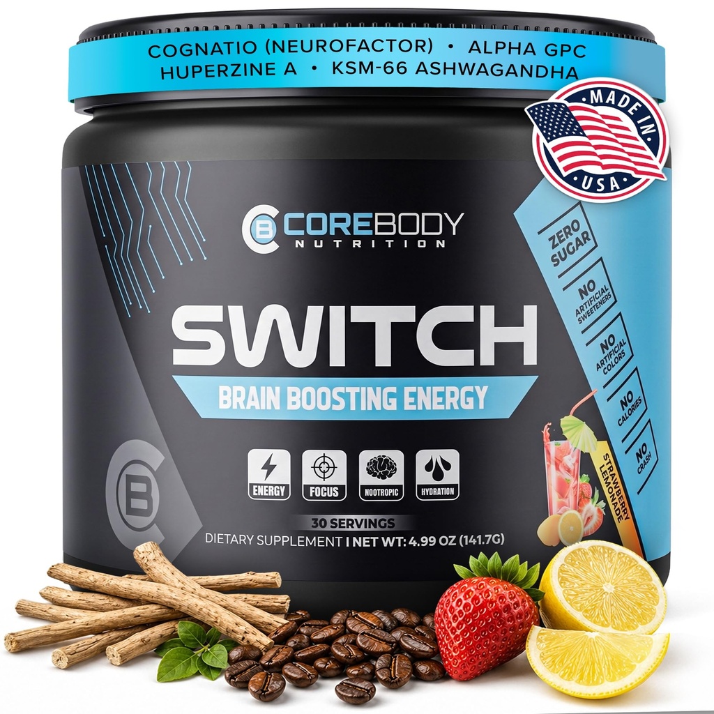 Switch, Brain Booting Nootropic Energy Supplement Powder - Made in USA - Alpha GPC, NALT, Ashwagandha, Sugar Free Energy, Keto, Αύξηση της ψυχικής εστίασης & Γνωστική λειτουργία, Βελτιώνει τη διάθεση και τη μνήμη