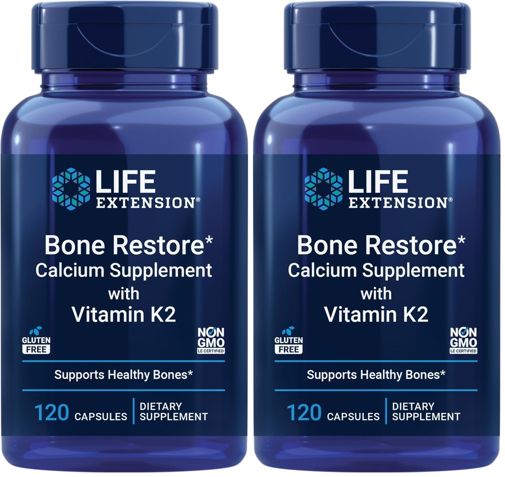 Life Extension Bone Restore with Vitamin K2 – Bone Health Supplement for Strong Bones – 3 Types of Absorbable Calcium, Vitamins D3 and K2, Minerals – Gluten-Free, Non-GMO – 120 Capsules (Pack of 2)