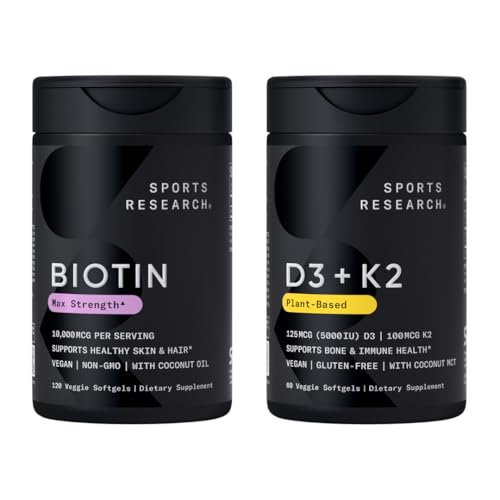 Sports Research® Body Wellness Pack - Vegan Vitamin D3 5000iu + K2 100mcg Mk7 with Coconut Oil (60 Softgels) and 10,000mcg Biotin (Vitamin B7) for Healthy Skin and Hair Support (120 Softgels)