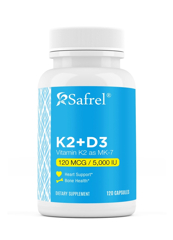 Safrel Vitamin K2 (MK7) 120 MCG and D3 5000 IU Supplement per Capsule, Supports Calcium Absorption for Bone, Immune and Heart Health, Easy to Swallow K2 and D3, Non-GMO, 120 Count