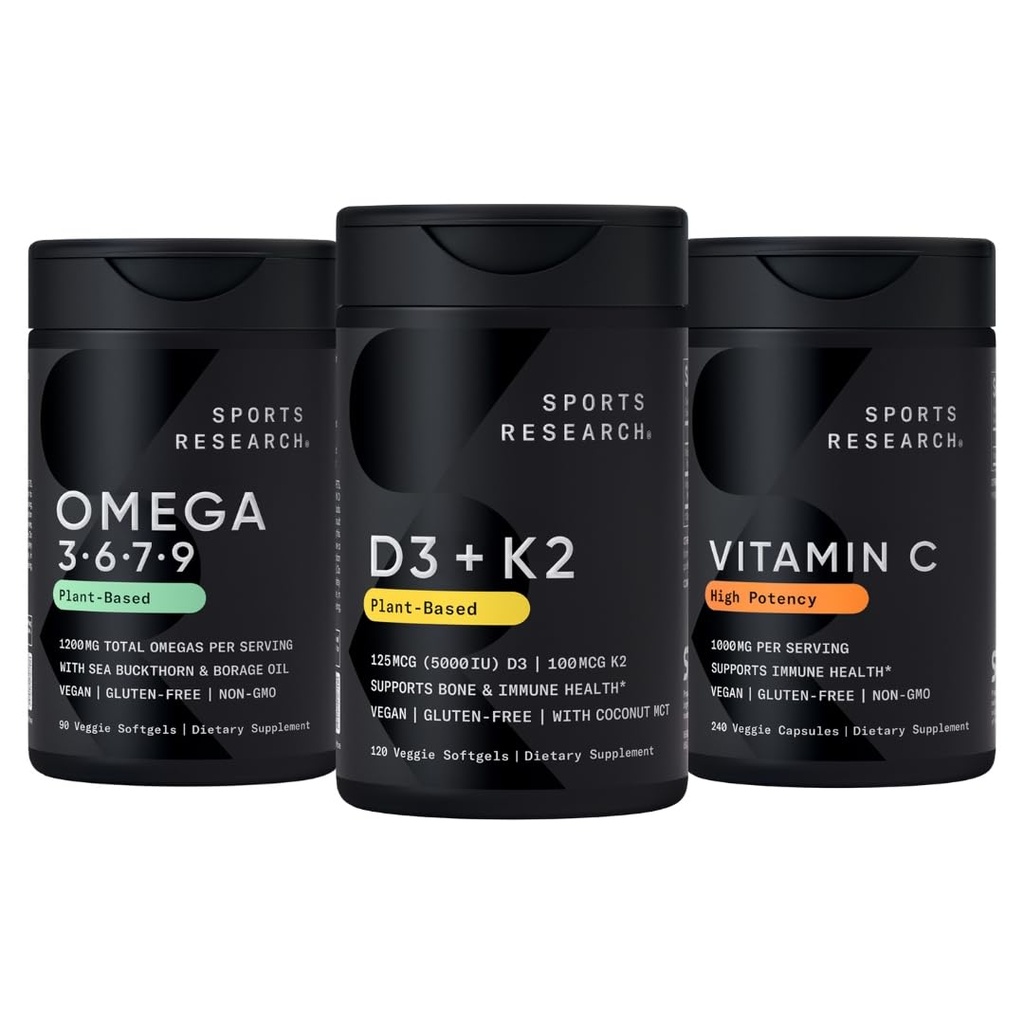 Sports Research® Vegan Supplements Pack - Vegan Omega 3-6-7-9 - 1200 mg of Multi-Spectrum Omega Fatty Acids + D3 + K2 + High Potency Vitamin C