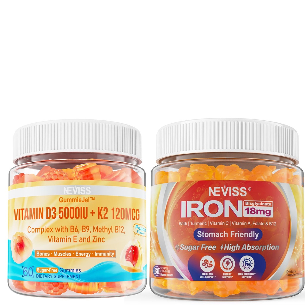 NEVISS Vitamin D3 5000IU + K2 (MK-7) 120mcg, Sugar-Free Vegan Iron Gummies Supplement with Vitamin C, B12, Folate & Turmeric - Energy & Immune Health