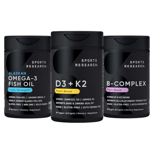 Sports Research® Multivitamin Pack - Vegan Vitamin D 5000iu & Mk7 Vitamin K 100mcg, Omega-3 Fish Oil 1250mg, and Vitamin B-Complex with Methylated B12 & Folate