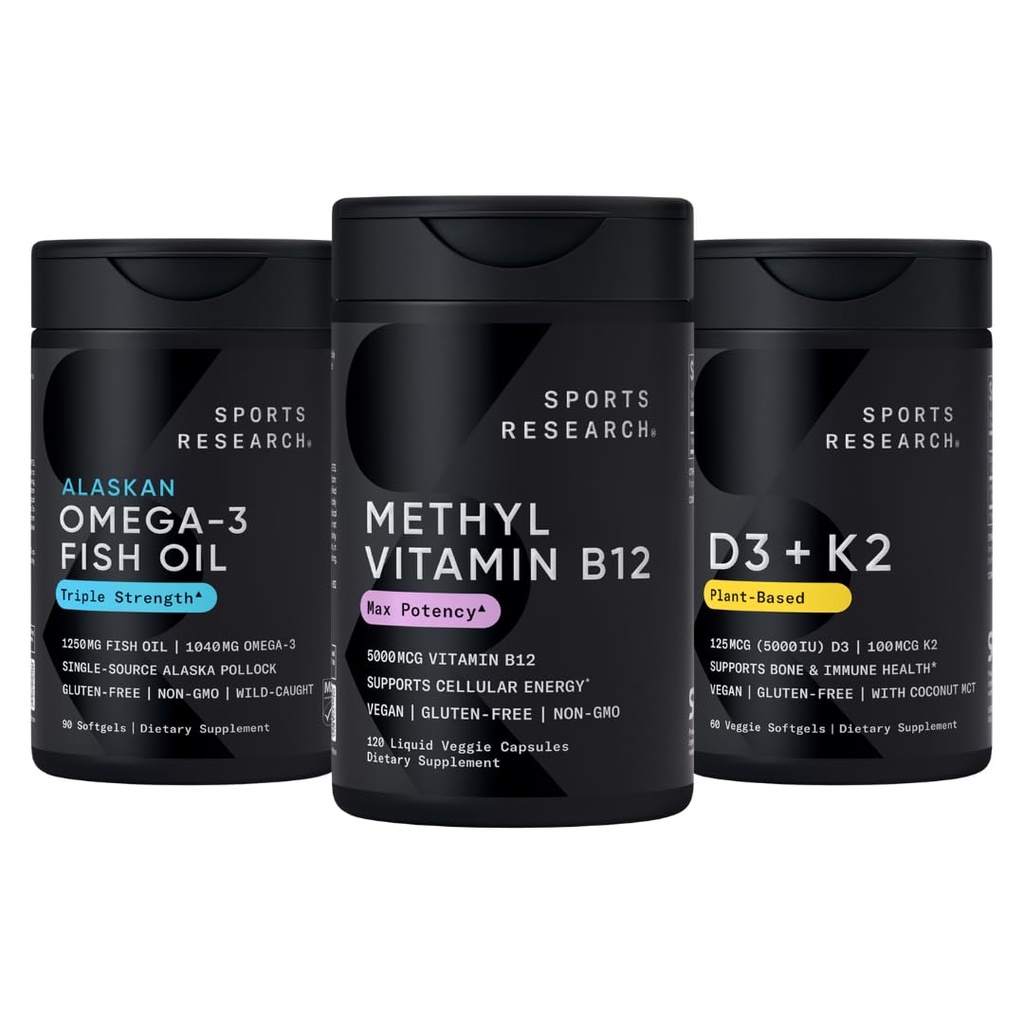 Sports Research® Celular Energy Pack - Plant Based Vitamin B12 as Methylcobalamin 5000mcg + Magnesium Glycinate 160mg + Vegan Vitamin D3 5000iu & Mk7 Vitamin K2 100mcg