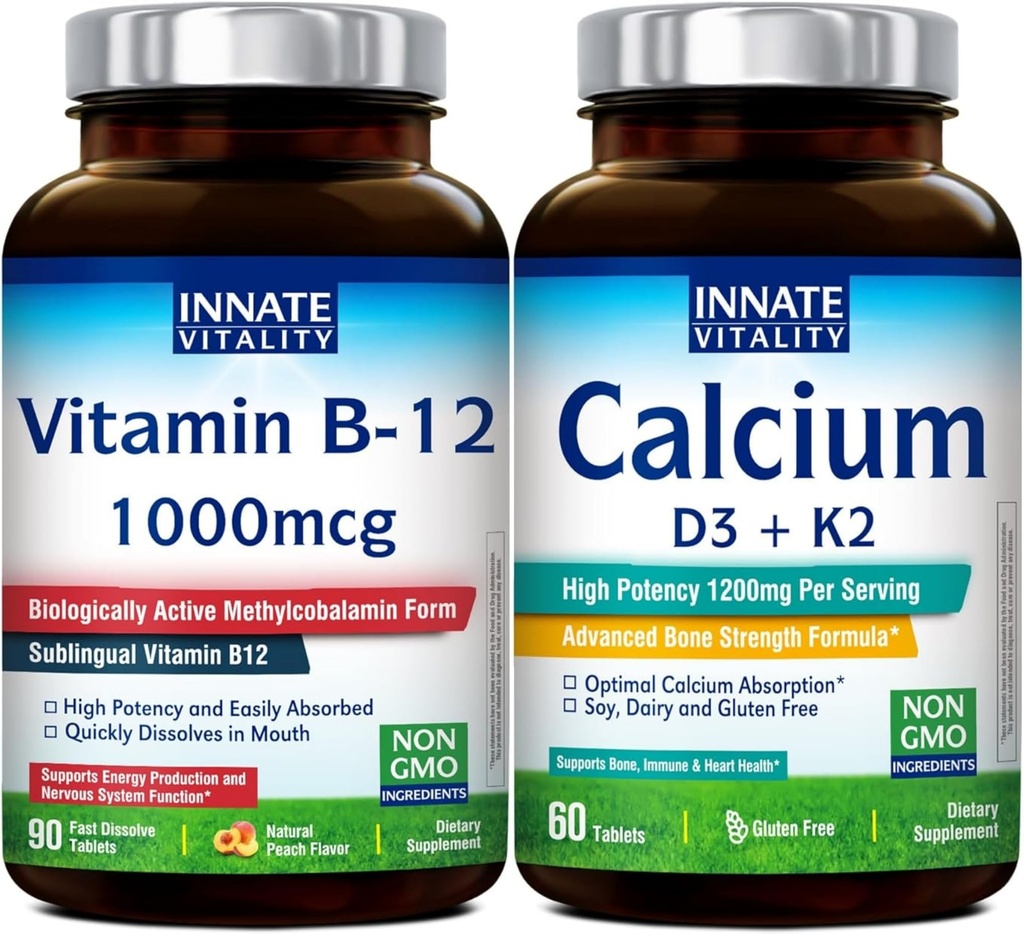 Innate Vitality Calcium 1200mg with D3 & K2 + Vitamin B12 1000mcg Methylcobalamin Bundle | Bone Density, Energy Metabolism & Mental Clarity Support | Fast Dissolve Sublingual, Non-GMO, Peach Flavor
