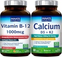 Innate Vitality Calcium 1200mg with D3 & K2 + Vitamin B12 1000mcg Methylcobalamin Bundle | Bone Density, Energy Metabolism & Mental Clarity Support | Fast Dissolve Sublingual, Non-GMO, Peach Flavor