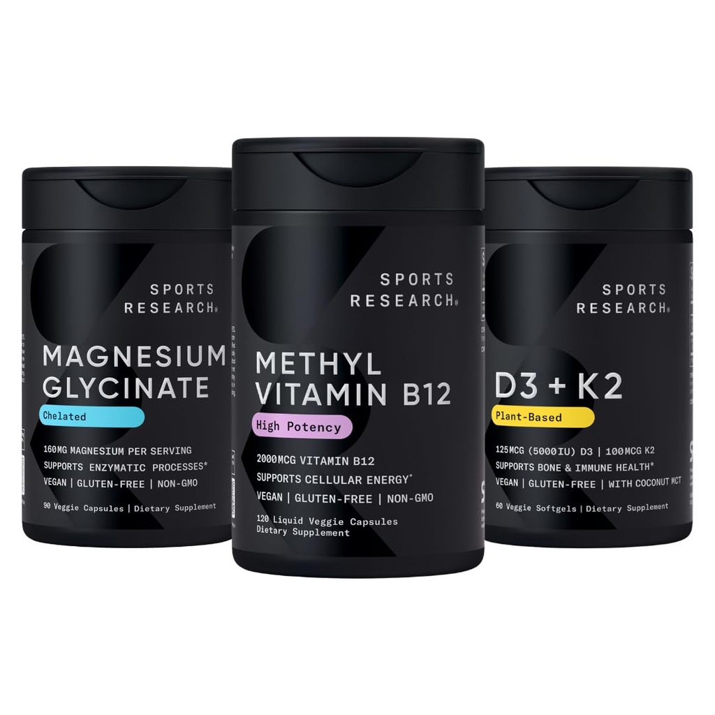 Sports Research® Celular Energy Pack - Plant Based Vitamin B12 as Methylcobalamin 2000mcg + Magnesium Glycinate 160mg + Vegan Vitamin D3 5000iu & Mk7 Vitamin K2 100mcg