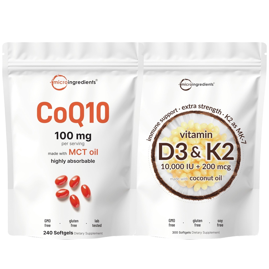 Micro Ingredients Vitamin D3 10,000iu + K2 200mcg & CoQ10 100mg Bundle 2 Pack | Essential Sunshine Vitamins | High Absorption Ubiquinone