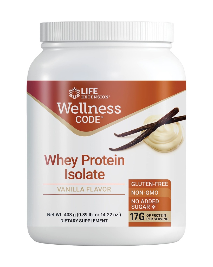 Επέκταση ζωής Wellness Code® Whey Protein Isolate (Vanilla), Protein and franced-Chain Amino acid for Muscle Growth & Immune Health, no Sugar Added, Gluten Free, Non-GMO, 403 Grams (20 Servies)
