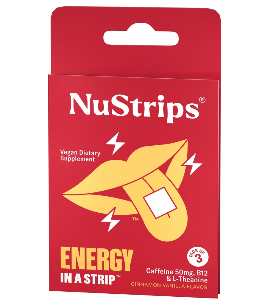 NuStrips™ Fast-Dissolving Energy Strips with 50mg Caffeine, L-Theanine & Vitamin B12 – Instant Energy & Focus Without Jitters or Crash – Works Faster Than Coffee – Soothing Cinnamon (3 Strips)