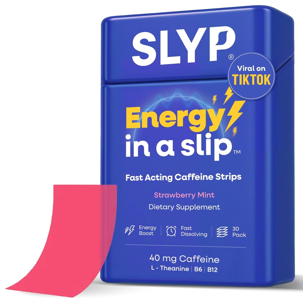 Slyp Caffeine Strips Energy Supplements – Strawberry Mint for Focus Factor with 40mg Caffeine, L-Theanine, Vitamin B6 & B12 Alternative to Sugar Free Gum, Energy Gel, Energy Pills – 30 Count